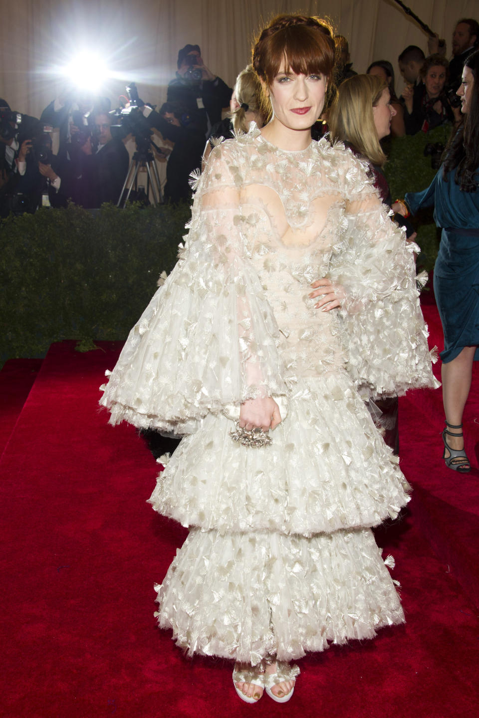 Florence Welch arrives at the Metropolitan Museum of Art Costume Institute gala benefit, celebrating Elsa Schiaparelli and Miuccia Prada, Monday, May 7, 2012 in New York. (AP Photo/Charles Sykes)