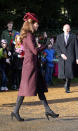 <p>The Duchess wore an aubergine coat made by an independent dressmaker for the Christmas Day service. She paired the look with a matching trilby created by Jane Corbett and black suede heels by Mascaro. </p><p><i>[Photo: PA]</i></p>