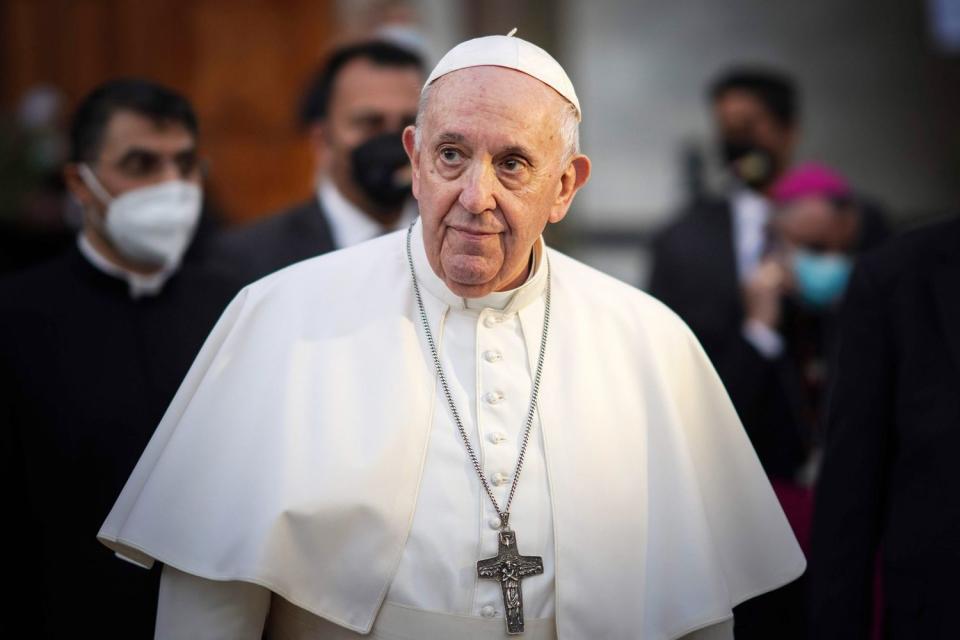 Pope Francis leaves the Syriac Catholic Cathedral of Our Lady of Salvation (Sayidat al-Najat) in Baghdad