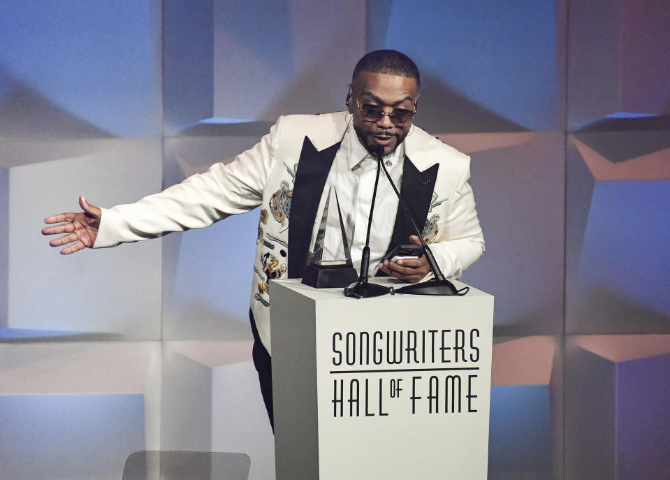 Inductee Timbaland accepts his award at the Songwriters Hall of Fame Induction and Awards Gala at the New York Marriott Marquis Hotel on Thursday, June 13, 2024, in New York. (Photo by Evan Agostini/Invision/AP)