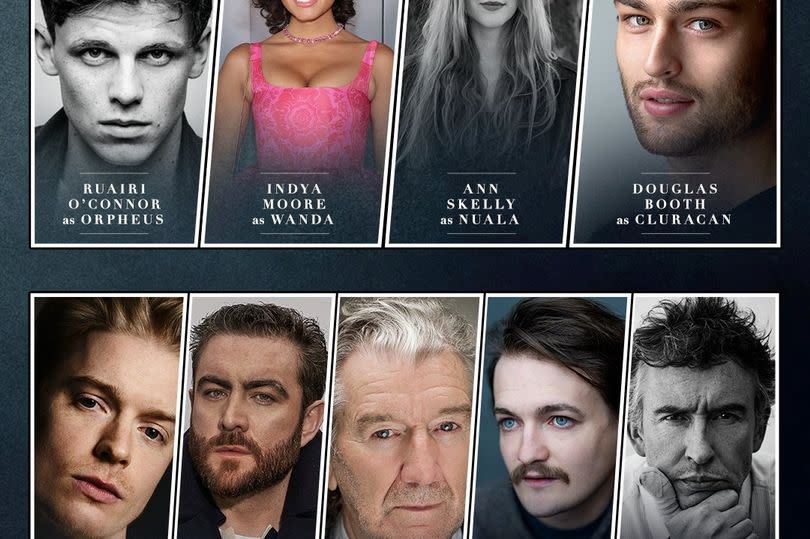 Top row: Ruairi O’Connor as Orpheus, Indya Moore as Wanda, Ann Skelly  as Nuala, Douglas Booth as Cluracan. Bottom row: Freddie Fox as Loki, Laurence O'Fuarain as Thor, Clive Russell as Odin, Jack Gleeson as Puck and Steve Coogan as the voice of Barnabas
