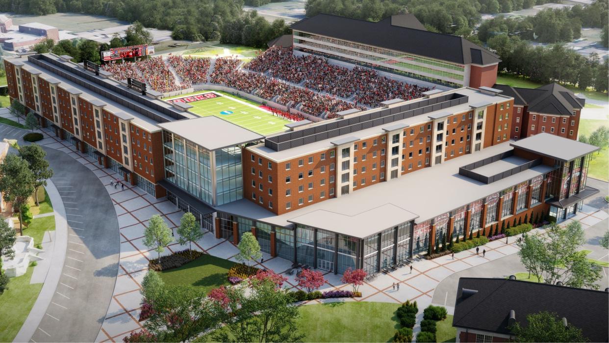 An artist rendering of the $80 million dollar expansion to JSU’s football stadium, which will include a residence hall to accommodate the upward trend in enrollment.