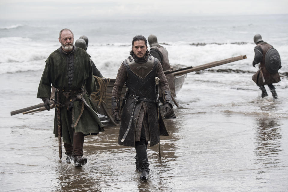 Liam Cunningham and Kit Harington as Ser Davos and Jon Snow on Game of Thrones.