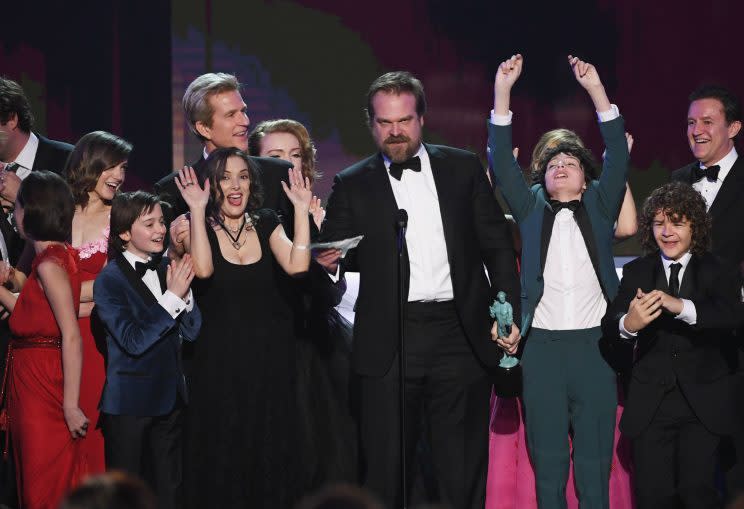 Fury… Stranger Things star David Harbour delivers the speech of the night – Credit: Getty
