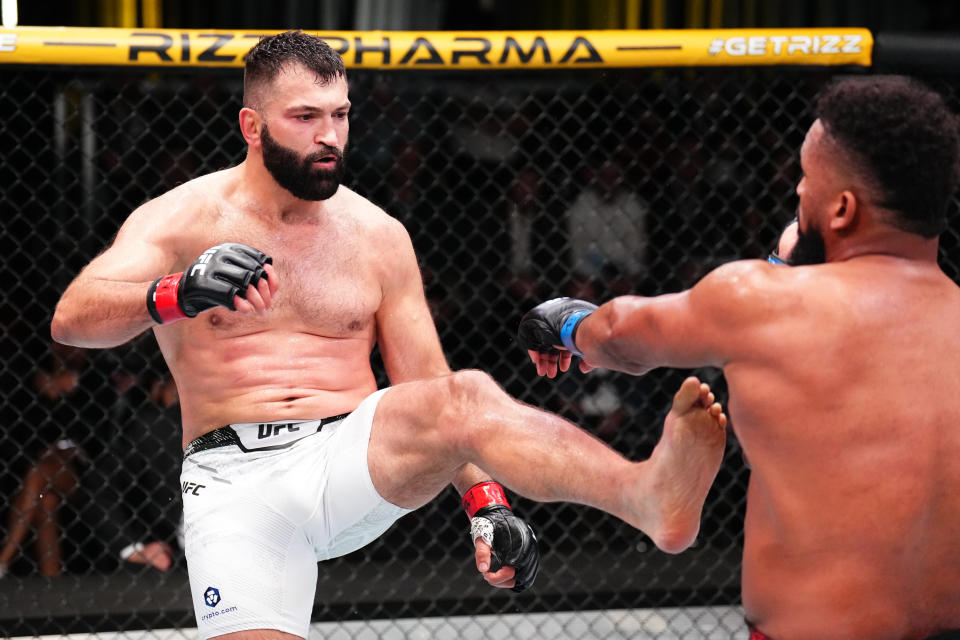LAS VEGAS, NEVADA – JANUARY 13: (L-R) Andrei Arlovski of Belarus kicks Waldo Cortes-Acosta of the Dominican Republic in a heavyweight fight during the UFC Fight Night event at UFC APEX on January 13, 2024 in Las Vegas, Nevada. (Photo by Chris Unger/Zuffa LLC via Getty Images)