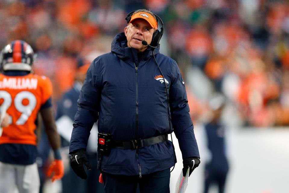 Denver Broncos head coach Sean Payton reacts in the third quarter against the Cleveland Browns at Empower Field at Mile High on Nov. 26, 2023.