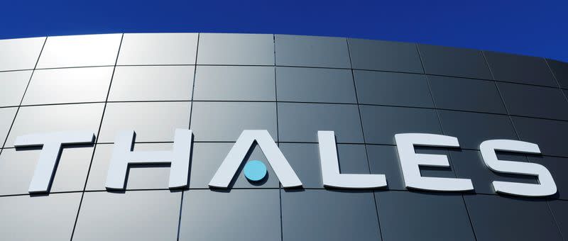 FILE PHOTO: The logo of French defence and electronics group Thales is seen at the company's headquarters in Merignac near Bordeaux