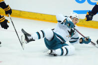 San Jose's Nico Sturm falls on ice during the NHL hockey game between San Jose Sharks and Nashville Predators played in Prague, Czech Republic, Friday, Oct. 7, 2022. (AP Photo/Petr David Josek)