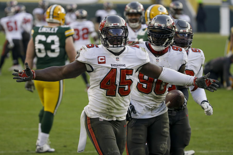 Devin White (45) and the Tampa Bay Buccaneers beat the Packers for the NFC championship. (AP Photo/Mike Roemer)