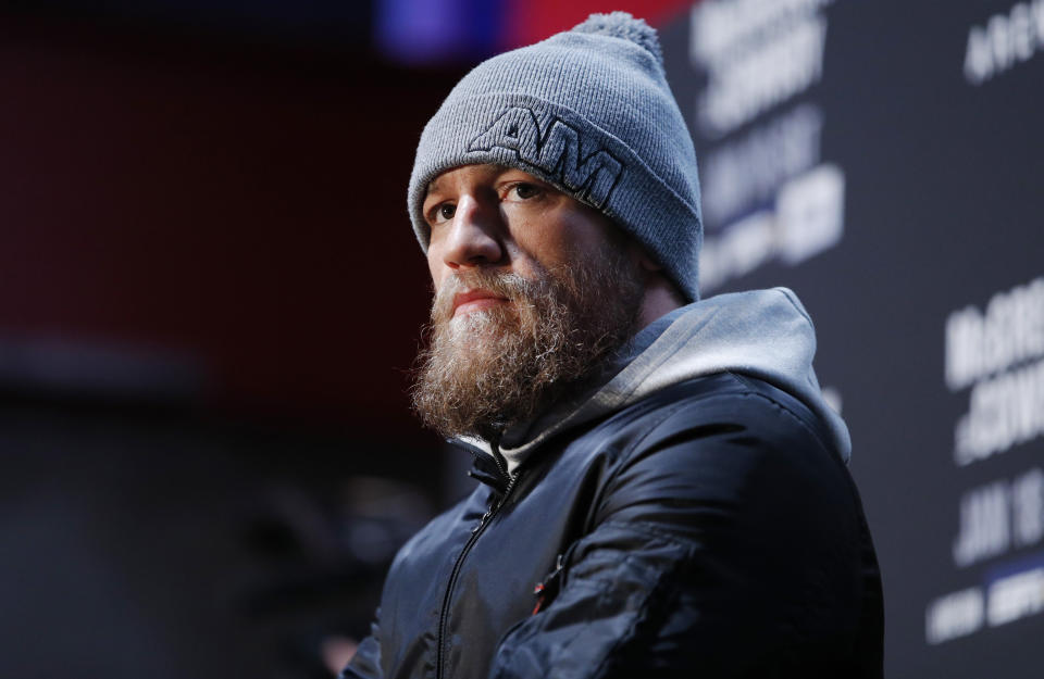 Conor McGregor speaks during a media event for the UFC 246 mixed martial arts bout, Thursday, Jan. 16, 2020, in Las Vegas. McGregor is scheduled to fight Donald "Cowboy" Cerrone in a welterweight bout Saturday in Las Vegas. (AP Photo/John Locher)