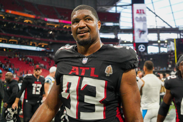 Atlanta Falcons linebacker Nathan Landman (55) lines up during the second  half of an NFL football game against the Jacksonville Jaguars, Saturday,  Aug. 27, 2022, in Atlanta. The Atlanta Falcons won 28-12. (