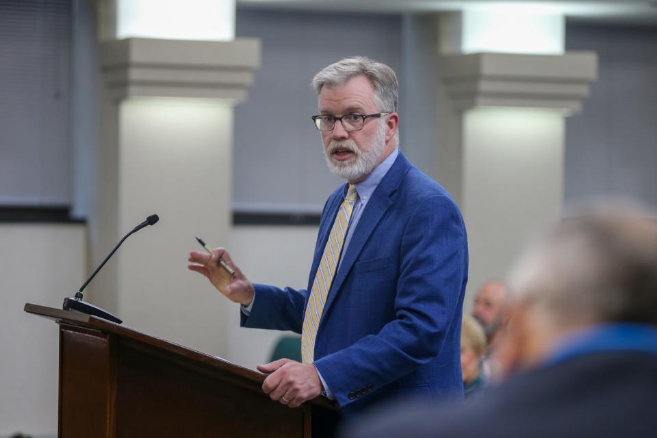 Chris Wischer, the attorney for the town of Dayton explains why the board should not approve the voluntary annexation of the Carr family property into the City of Lafayette, at July's Lafayette City Council meeting, on Monday, July 10, 2023, in Lafayette, Ind.