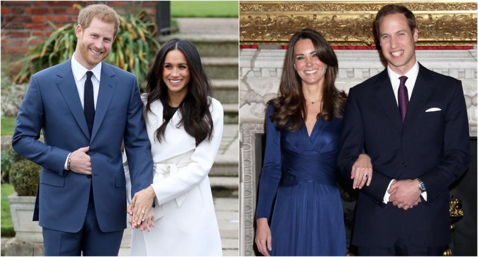 Prince Harry and Meghan Markle (L) and Kate Middleton and Prince William (R) pose for engagement photos. (Getty Images)