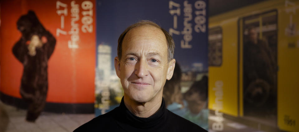 Director Charles Ferguson poses for a photo prior to an interview with the Associated Press about his movie 'Watergate" at the 2019 Berlinale Film Festival in Berlin, Germany, Tuesday, Feb. 12, 2019. (AP Photo/Markus Schreiber)