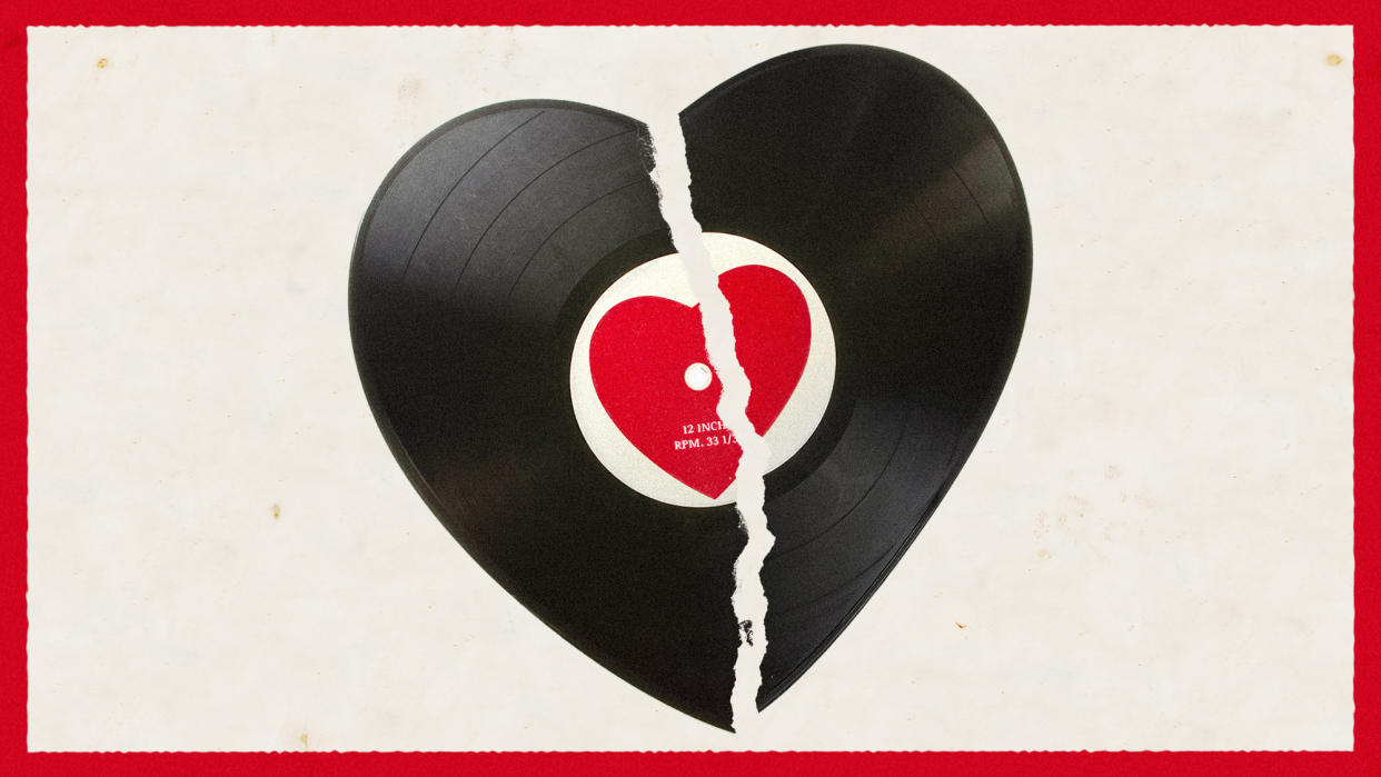  Photo collage of a vinyl record in the shape of a heart, broken in half. 