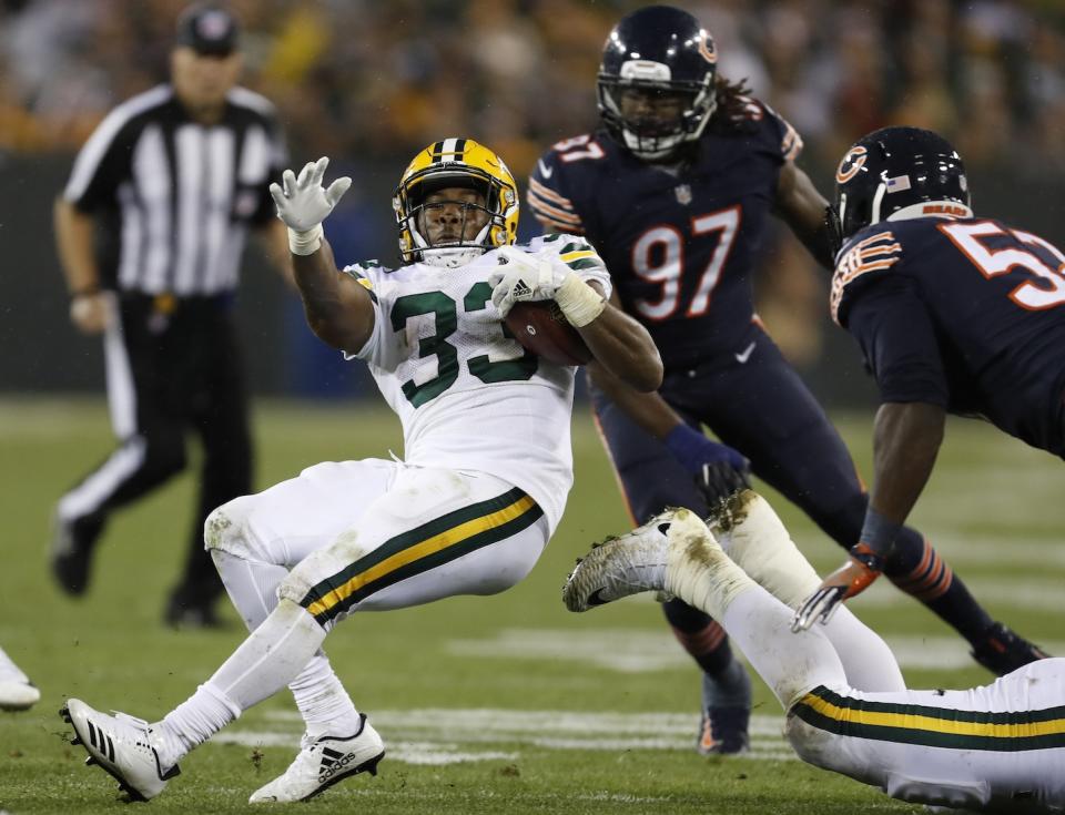 Aaron Jones is the unrivaled main man in Green Bay, but Chicago’s vaunted defense awaits on the road. (AP Photo/Matt Ludtke)