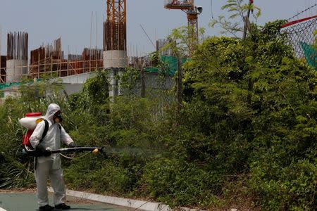 Workers from the Food and Environmental Hygiene Department kill mosquitoes outside a construction site near a residential area in Hong Kong, China August 26, 2016, after the first case of Zika was confirmed in the city. REUTERS/Bobby Yip