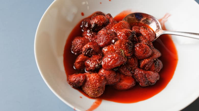 Oven-roasted strawberries in bowl