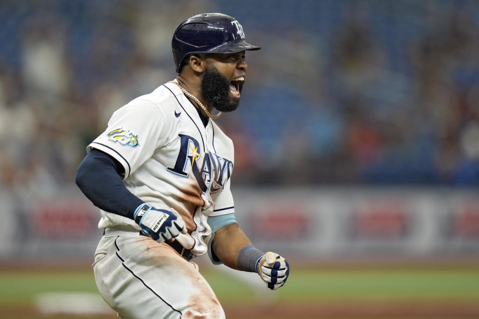 Tampa Bay Rays' Manuel Margot reacts after his walk-off single off Los Angeles Angels relief pitcher Carlos Estevez during the ninth inning of a baseball game Thursday, Sept. 21, 2023, in St. Petersburg, Fla. (AP Photo/Chris O'Meara)