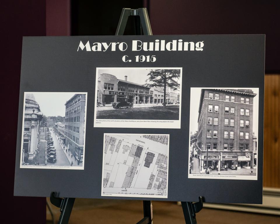 A view of several photos of the Mayro Building circa 1915 on the corner of Bank Place and Genesee Street in Utica on Thursday, January 5, 2023. Utica Mayor Robert M. Palmieri was joined by state officials and Lahinch Development group to highlight their $4 million award from Empire State Development that will help continue the resurgence of Downtown Utica by renovating the Mayro Building.