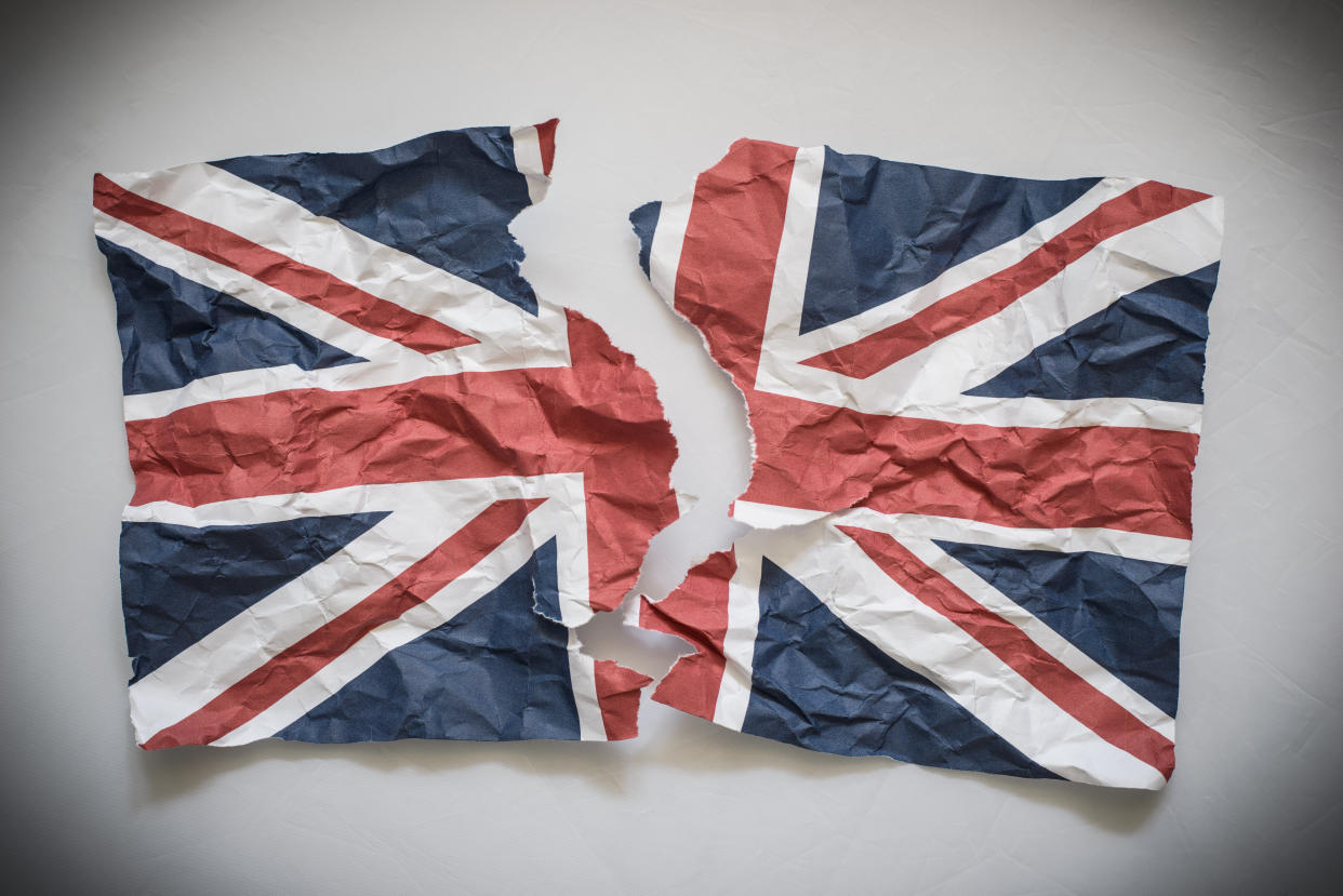 Brexit concept image: Union Jack ripped into two pieces. Photo: Getty