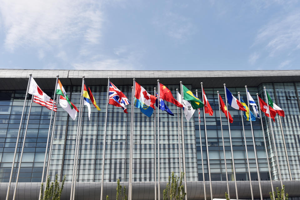 Beijing, China, National Convention Center,  flags,