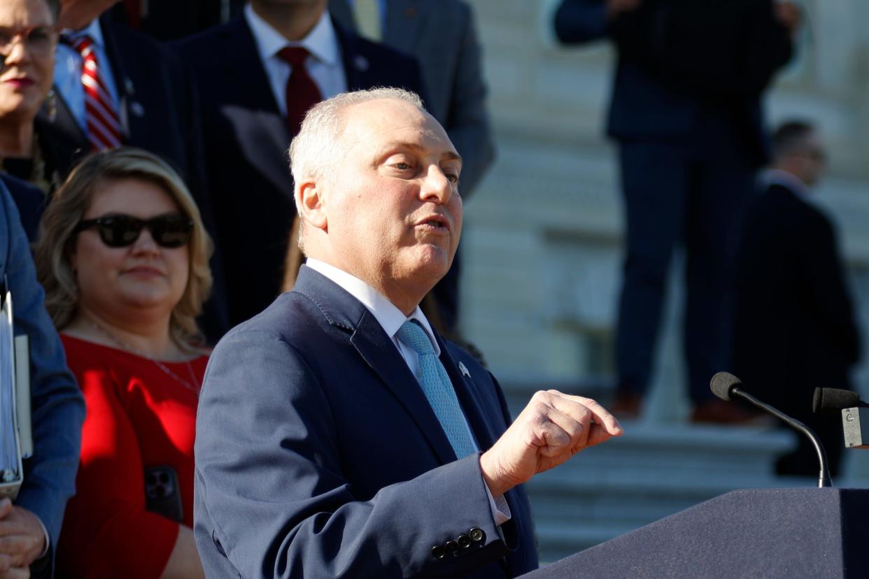 House Majority Leader Steve Scalise, R-La., delivers remarks as Republican House lawmakers gather on the Capitol steps after electing Rep. Mike Johnson, R-La. as the new Speaker of the House in Washington on Oct. 25, 2023.