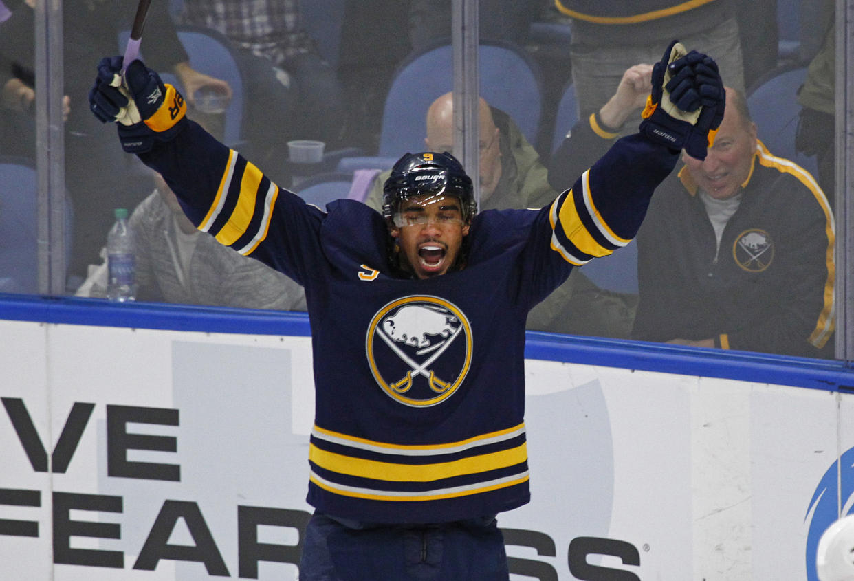 Leaving the Buffalo Sabres is a more-than-valid reason to celebrate. (AP Photo/Jeffrey T. Barnes)