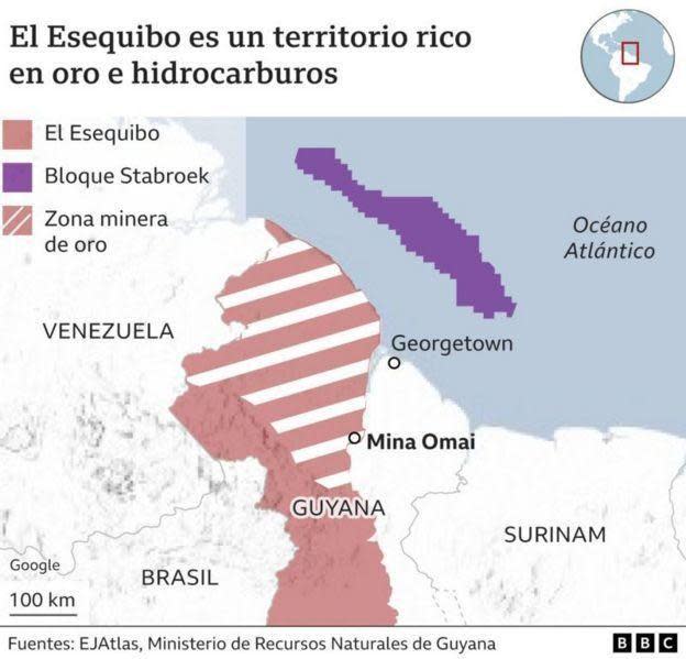 Mapa del Esequibo y de los yacimientos allí encontrados