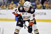 Anaheim Ducks right wing Cutter Gauthier waits for play to resume during the third period of the team's NHL hockey game against the Vegas Golden Knights on Thursday, April 18, 2024, in Las Vegas. (AP Photo/David Becker)