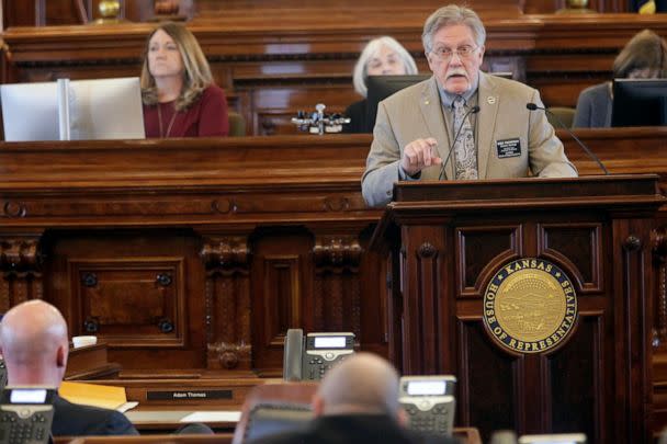 PHOTO: Kansas state Rep. Mike Thompson, R-Bonner Springs, speaks in favor of a bill that would require abortion providers to preserve the lives of infants born during unsuccessful abortions, March 21, 2023, at the Statehouse in Topeka, Kan. (John Hanna/AP)