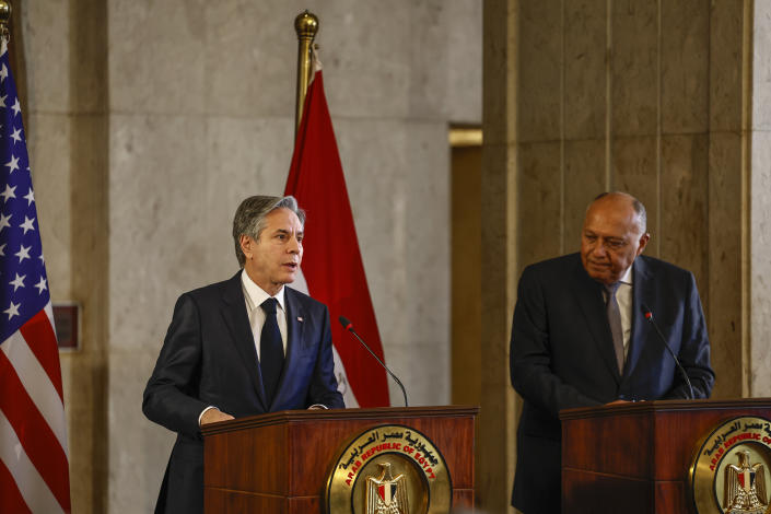 U.S. Secretary of State Antony Blinken, left, and Egyptian Foreign Minister Sameh Shoukry hold a press conference in Cairo, Egypt, Monday Jan. 30, 2023. (Khaled Desouki/Pool via AP)