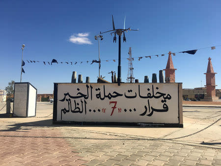 War relics are seen in the Libyan town of Bani Walid, Libya October 29, 2017. Text reads “Remnants of the Benevolence Campaign. REUTERS/Aidan Lewis