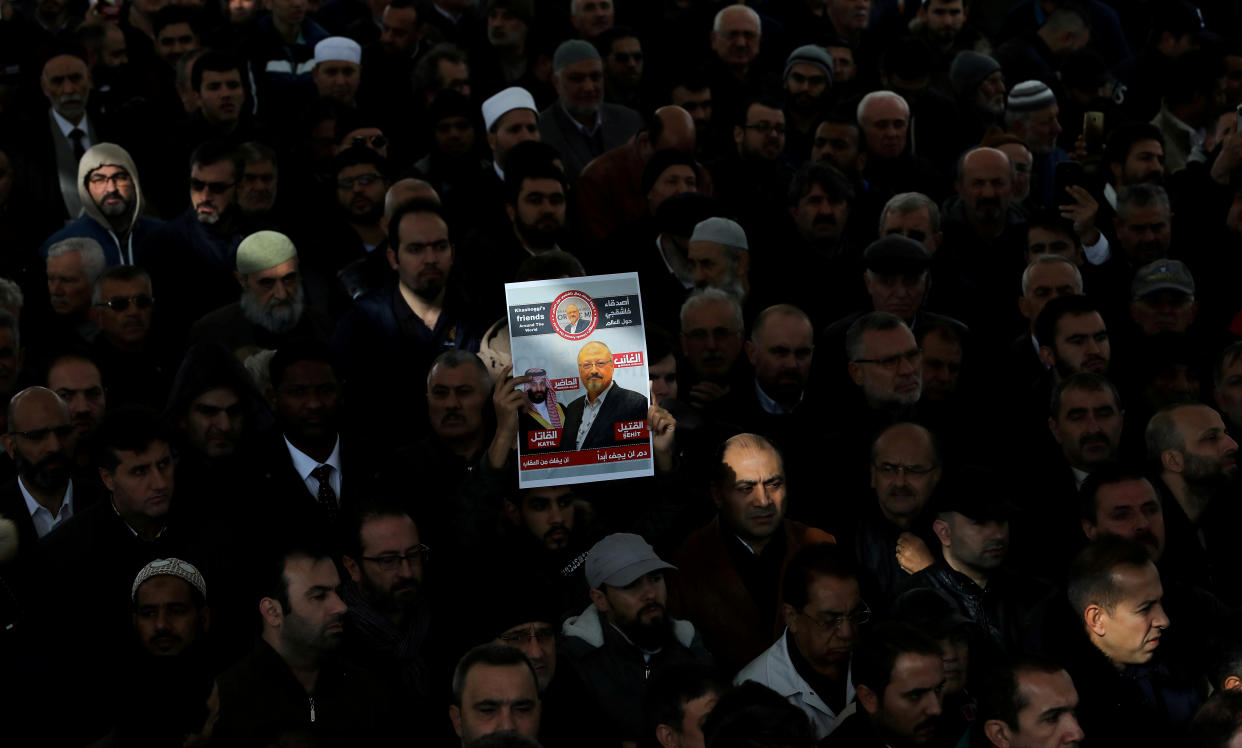 People attend a symbolic funeral prayer for Saudi journalist Jamal Khashoggi in the courtyard of the Fatih mosque in Istanbul on Nov. 16, 2018. (Photo: Huseyin Aldemir/Reuters)