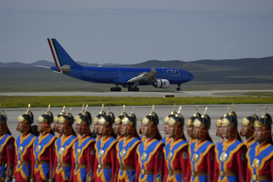 The plane carrying Pope Francis lands at Ulaanbaatar's International airport Chinggis Khaan, Friday, Sept. 1, 2023. Pope Francis is traveling to Mongolia to encourage one of the world's smallest and newest Catholic communities. It's the first time a pope has visited the Asian country and comes at a time when the Vatican's relations with Mongolia's two powerful neighbors, Russia and China, are once again strained. (AP Photo/Ng Han Guan)