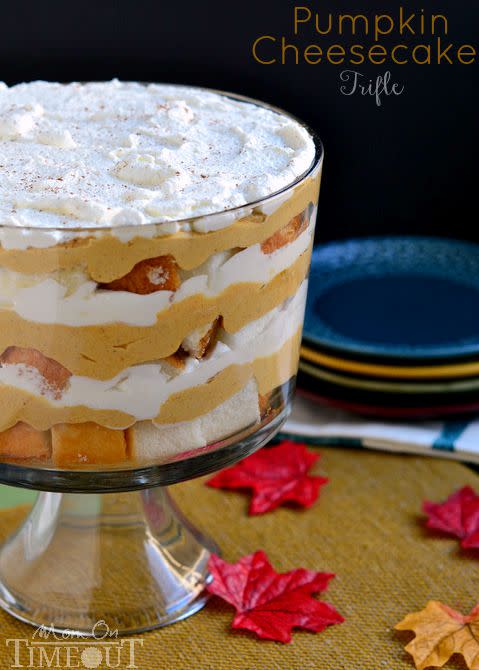 <p>Never worry about what to serve a large group of houseguests for dessert again with this easy-to-make trifle recipe.</p><p><strong>Get the recipe at <a href="http://www.momontimeout.com/2013/10/pumpkin-cheesecake-trifle-recipe/" rel="nofollow noopener" target="_blank" data-ylk="slk:Mom On Timeout;elm:context_link;itc:0;sec:content-canvas" class="link ">Mom On Timeout</a>.</strong></p>