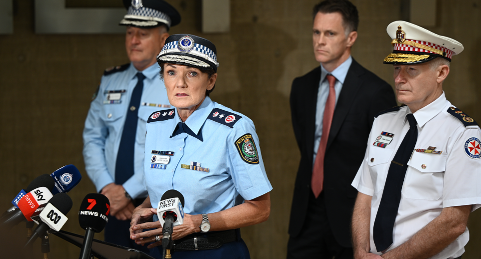 NSW Police Commissioner Karen Web and Premier Chris Minns at a media conference on Tuesday. 