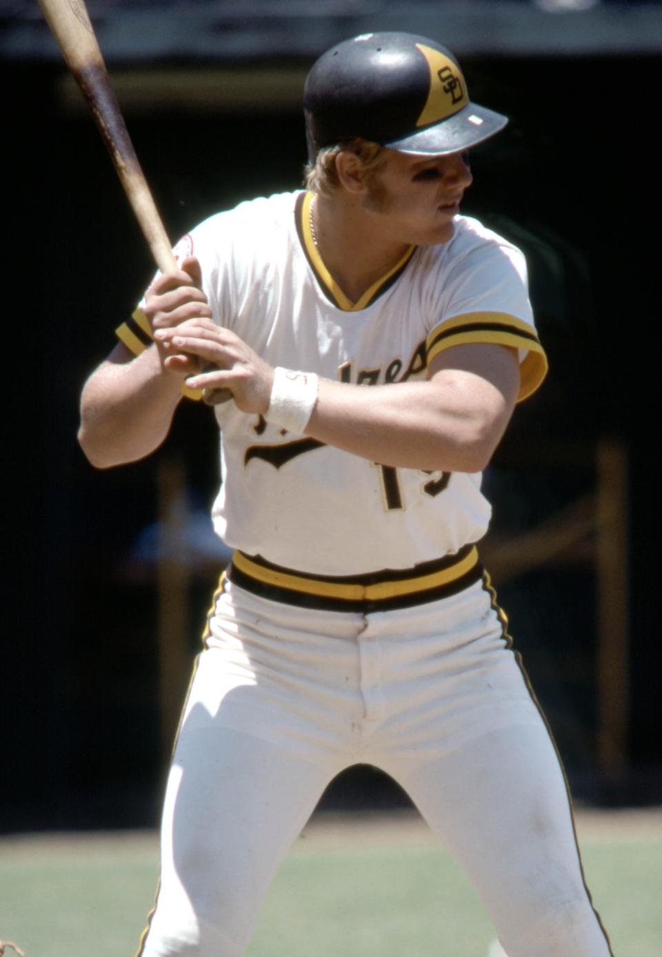 In this file photo, San Diego Padres first baseman Mike Ivie bats during the 1976 season.