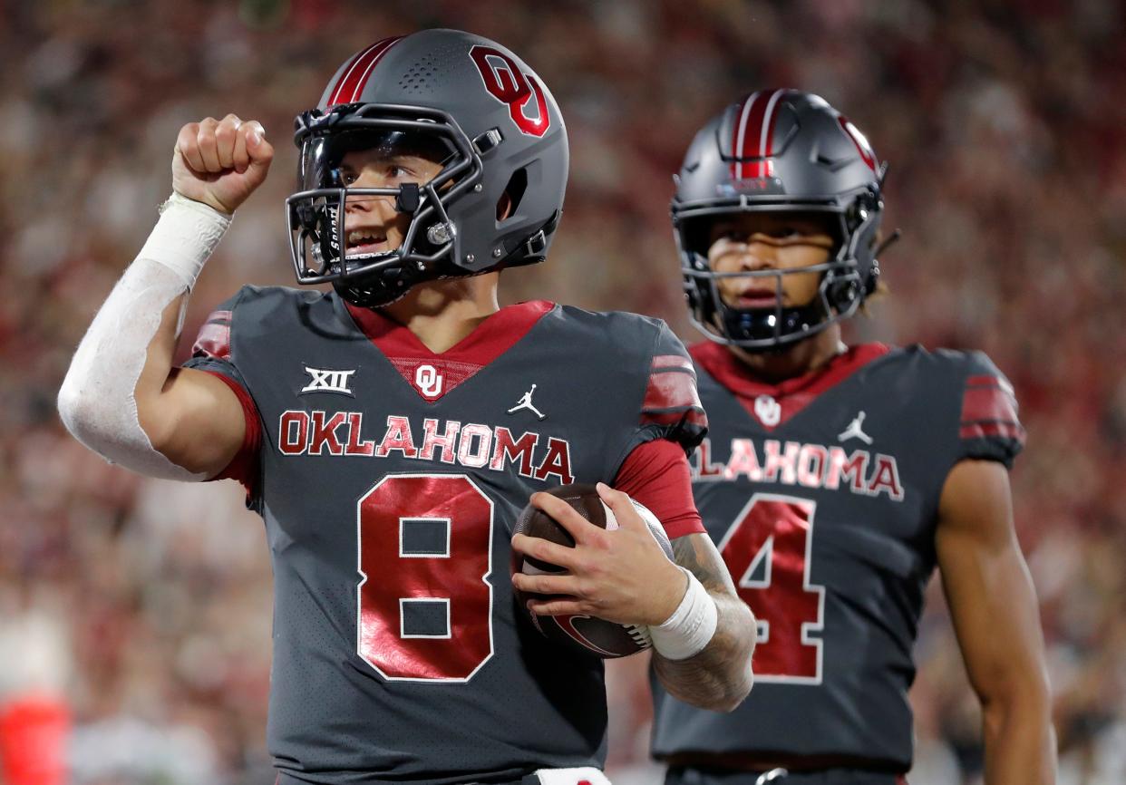 in the first half of a college football game between the University of Oklahoma Sooners and the West Virginia Mountaineers at Gaylord Family-Oklahoma Memorial Stadium in Norman, Okla., Saturday, Nov., 11, 2023.