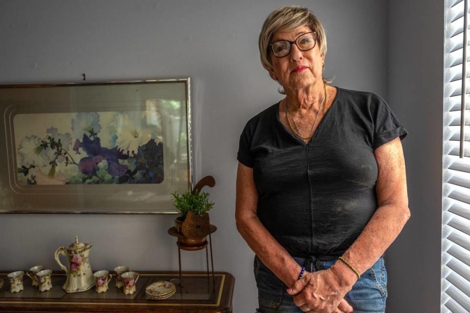 Stephanie Haskins, 76, the subject of the documentary “Never Too Late?,” poses in her dining room on Monday. “If an old chick like me can do it maybe they can too,” said Haskins, who hopes the story of her transition can help other trans people.