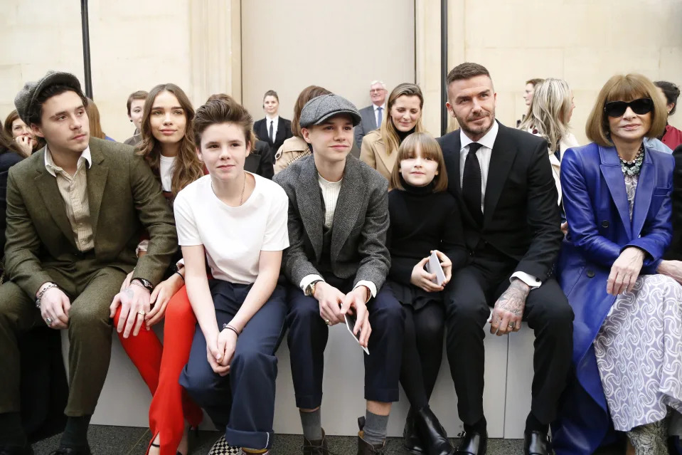 Brooklyn Beckham, Hana Cross, Cruz Beckham, Romeo Beckham, Harper Beckham, David Beckham and Anna Wintour in the front row