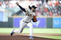 Houston Astros starting pitcher Lance McCullers Jr. delivers during the first inning of a baseball game against the Oakland Athletics, Saturday, Aug. 13, 2022, in Houston. (AP Photo/Kevin M. Cox)