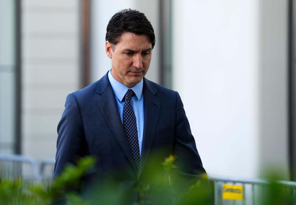 Prime Minister Justin Trudeau arrives to address the media in Obburgen, Switzerland, on Sunday, the final day of the Ukraine peace summit. (Sean Kilpatrick/The Canadian Press - image credit)