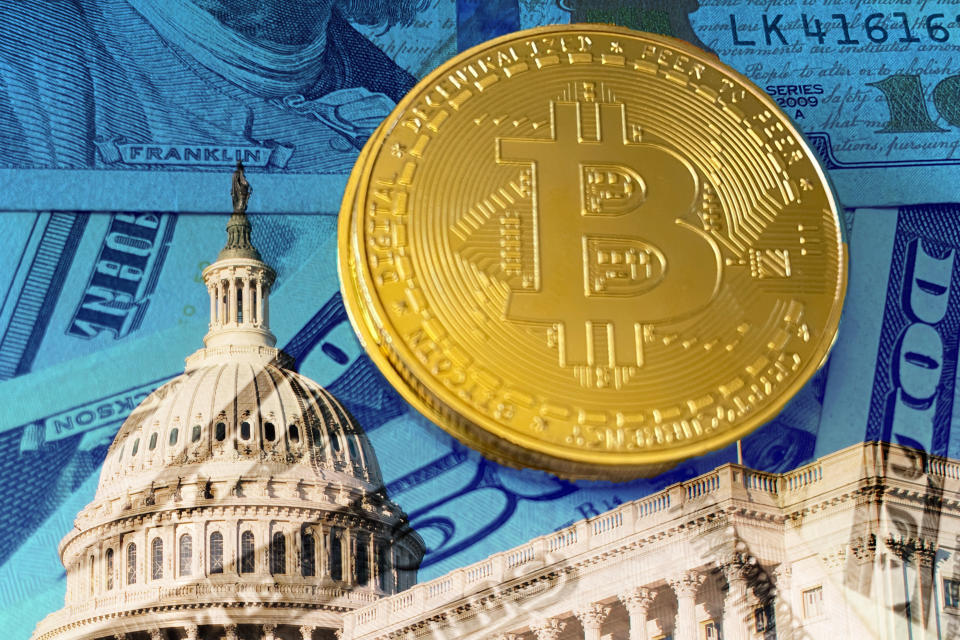 Cryptocurrency & Bitcoin on U.S Currency Investments Background with the United States Capitol Building. Digital currency is used for verified transactions while  maintaining a digital record in  a decentralized system using cryptography, rather than by a centralized authority.