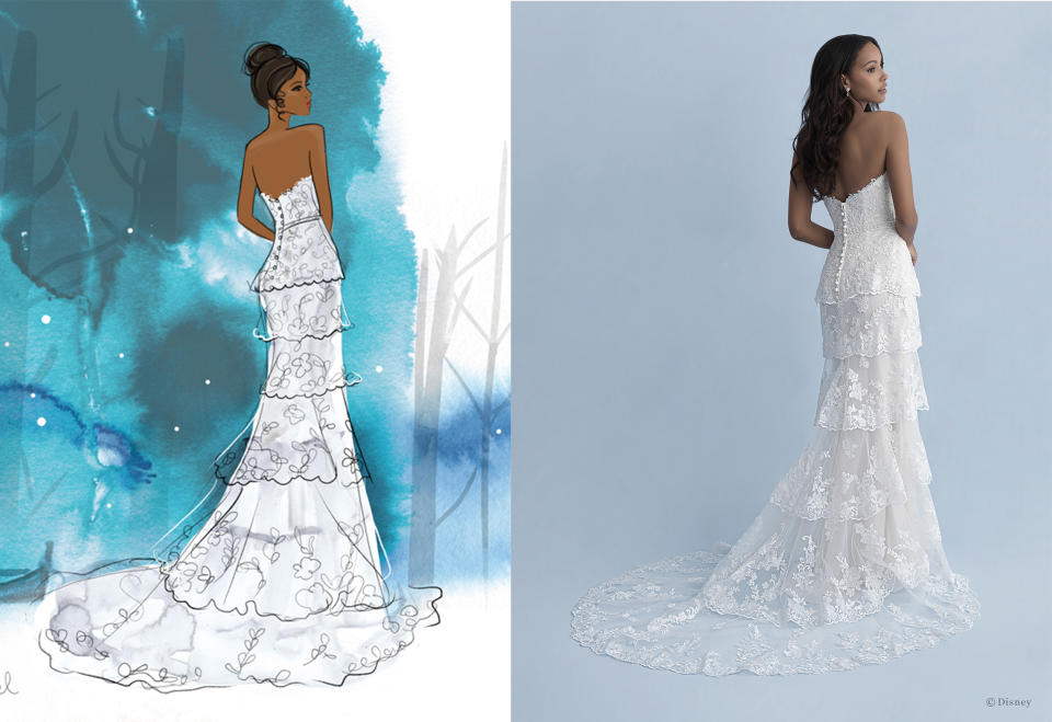 This strapless Tiana-inspired gown is designed around the elegance of the jazz age. (Disney Fairy Tale Weddings)