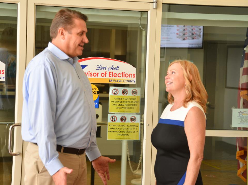 Incoming Brevard County Supervisor of Elections Tim Bobanic confers with current Supervisor of Elections Lori Scott outside their office in Viera. Bobanic's appointment by Florida Gov. Ron DeSantis takes effect Oct. 1.