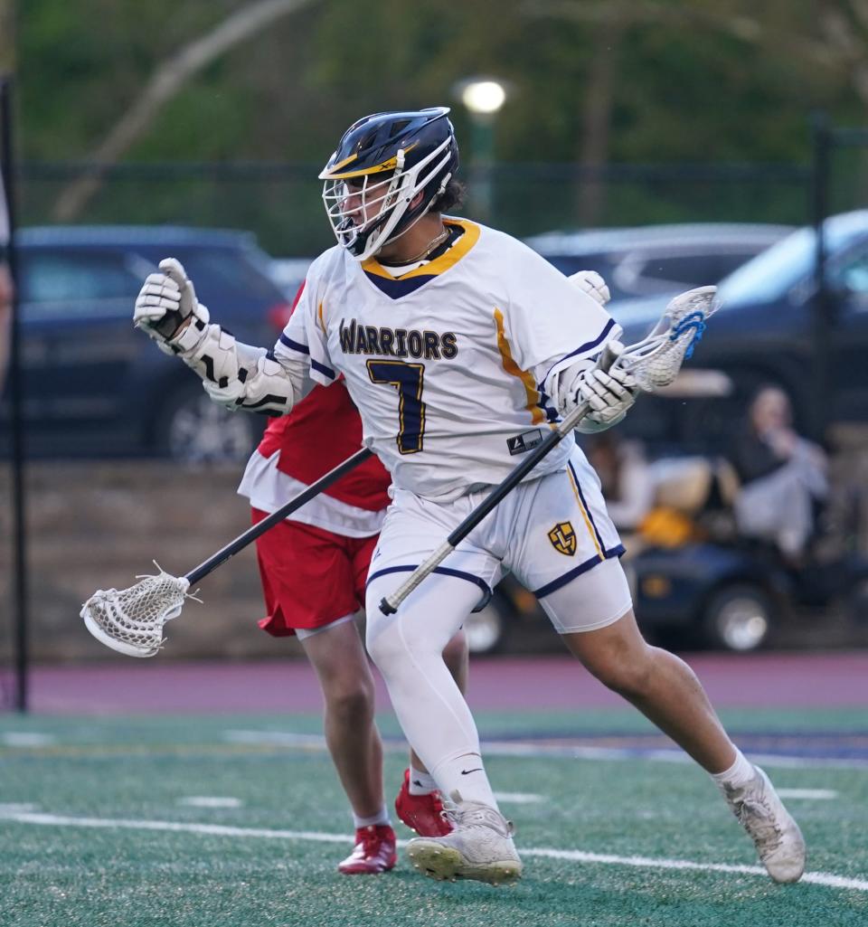 Lourdes's Nick Miano (7) works the ball during their 16-15 win over Goshen in boys lacrosse action Our Lady of Lourdes High School in Poughkeepsie on Friday, May 5, 2023. 