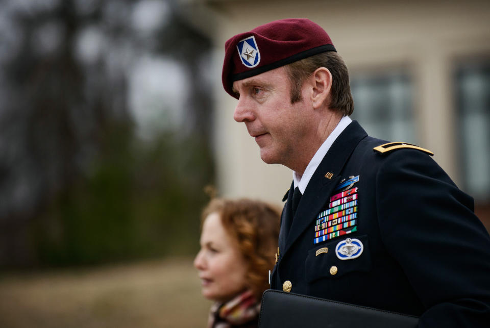 Brig. Gen. Jeffrey Sinclair leaves the courthouse following a day of motions, Tuesday, March 4, 2014, at Fort Bragg, N.C. Less than a month before Sinclair's trial on sexual assault charges, the lead prosecutor broke down in tears Tuesday as he told a superior he believed the primary accuser in the case had lied under oath. (AP Photo/The Fayetteville Observer, James Robinson)