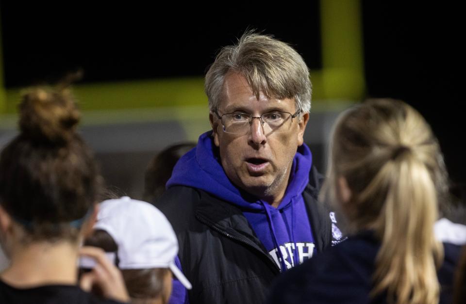 Rumson Girls Soccer Coach Jeff Herkimer talks to his team at Half. Howell Girls Soccer defeats Rumson-Fair Haven 1-0 in Shore Conference Quarterfinal game in Rumson on October 16, 2023.