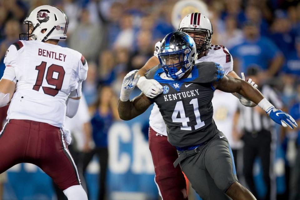 Kentucky star rush end/outside linebacker Josh Allen had eight tackles, four tackles for loss, three quarterback sacks, a QB hurry and forced a fumble in UK’s 24-10 win over South Carolina in 2018.